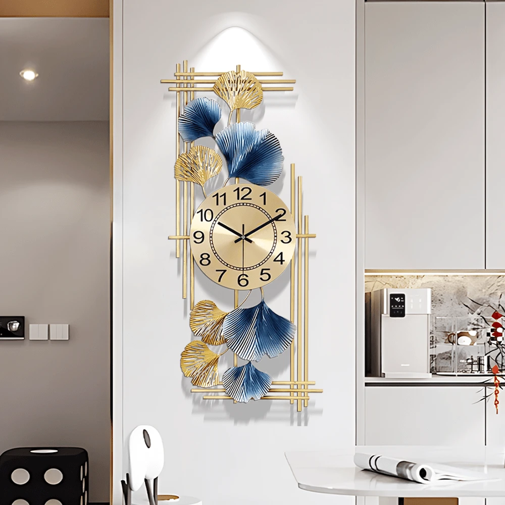 Elegant Ginkgo Leaf Decorative Wall Clock, 12x28 Inch Large Wall Clock For Living Room, 3D Wall Art Decoration, Creative Metal Flower Wall Clock, Gold Modern Home Silent Wall Clock - Gold - View 1