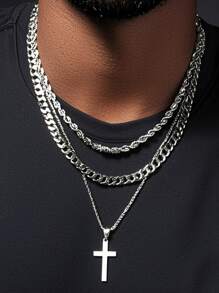 FAXHION 3 Pcs Minimalist Stainless Steel Cross Chain Necklaces, For Men Casual Daily Wear, Date, Party, Birthday, Christmas, New Year,Dad,Father,Father's Day Gift.