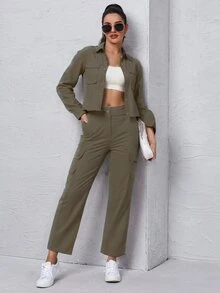 Ladies' Set Of Long-Sleeved Shirt And Trousers With External Side Pockets - Army Green - View 1