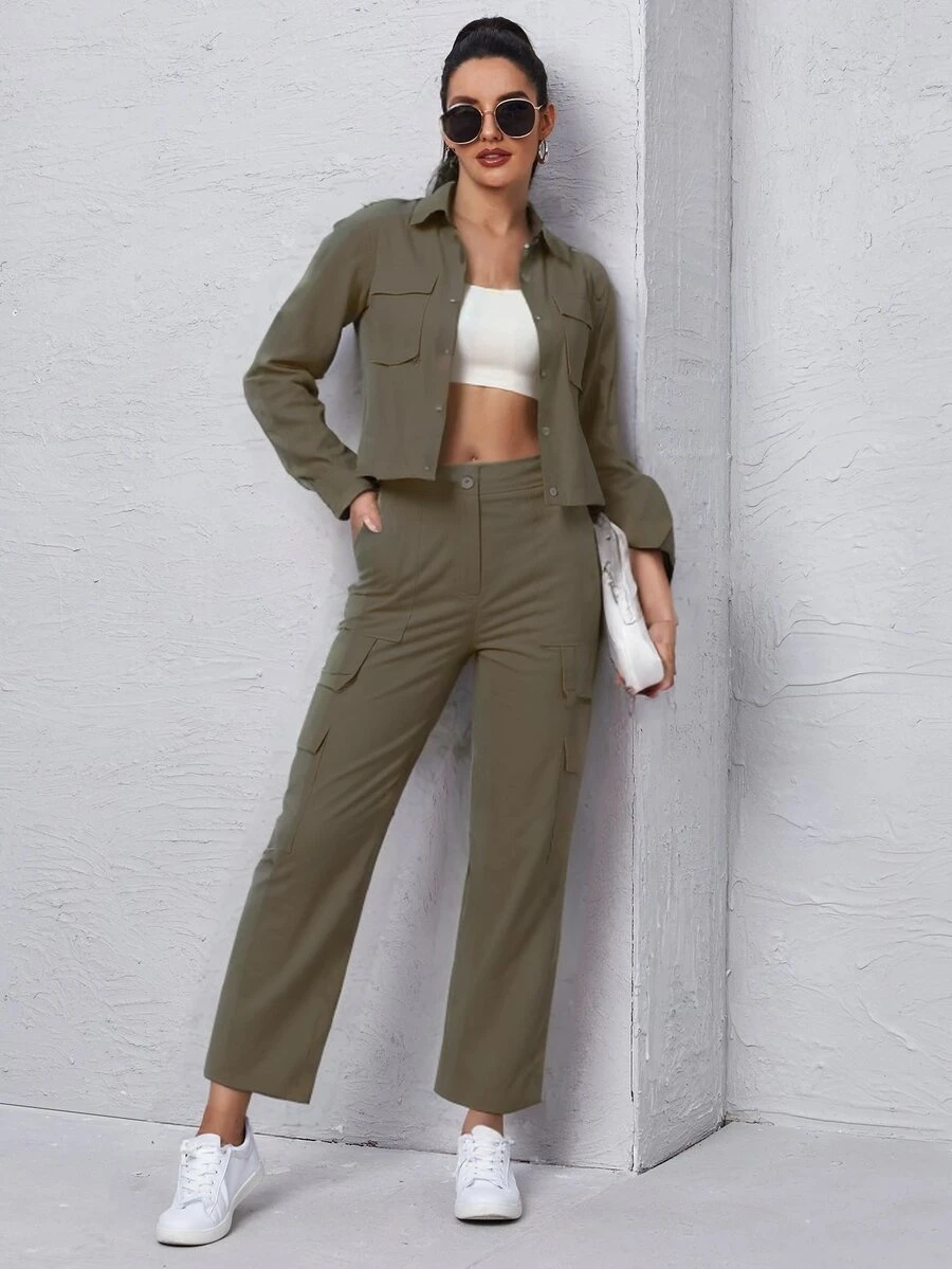 Ladies' Set Of Long-Sleeved Shirt And Trousers With External Side Pockets - Army Green - View 1