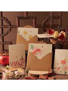 6-Piece Set,, 6 Envelopes, 6 Greeting Cards, (6 Stickers), Retro Ink Style Greeting Card Envelope Set, Ancient Style Thank You Card, Creative Birthday Handwritten Greeting Card, Party Invitation Letter - Multicolor - View 6