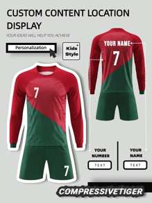 2pcs Boy's Personalized Soccer Jersey - Customizable Name And Number Print Stripe Decor Long Sleeve T-Shirt + Long Co-Ord Quick-Drying Sweat-Absorbing Sports Set As Gift