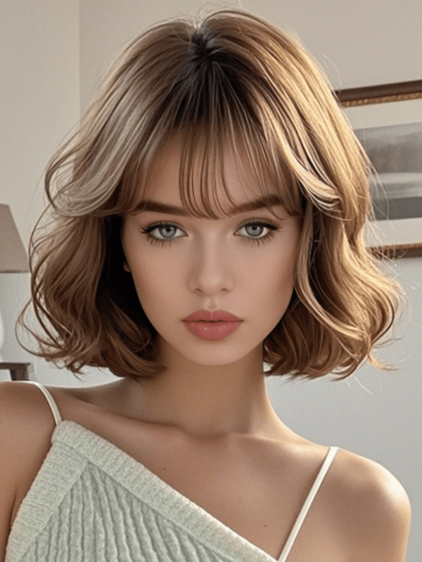 12-Inch Women's Bob Wig With Bangs - Natural Looking Adjustable Cap, Brown Short Heat-Resistant Fiber Hair For Daily Use/Cosplay/Party