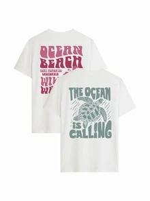 Conjunto de 2 peças de camisetas femininas plus size, novas, casuais, de verão, com estampa de tartaruga e floral, soltas, gola redonda, brancas, manga curta, moda diária e para festas - Branco - Ver 5
