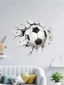 1pc 3D Football Breaking Through Wall Sticker, Made Of Waterproof PVC Material, Easy To Apply And Remove, Suitable For Decoration In Bedroom, Living Room, Study, Porch, Kindergarten And Other Spaces - Multicolor - View 1