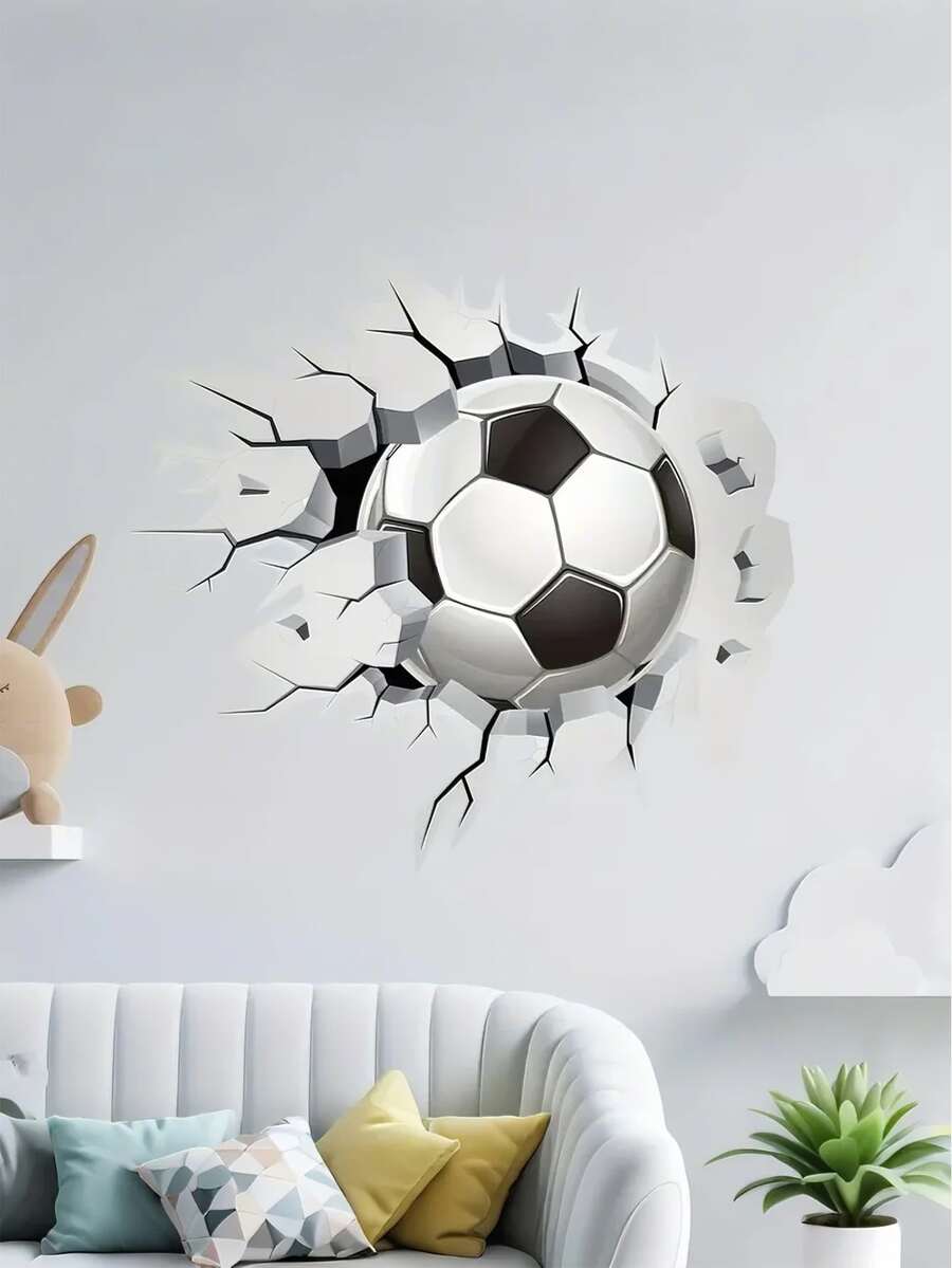 1pc 3D Football Breaking Through Wall Sticker, Made Of Waterproof PVC Material, Easy To Apply And Remove, Suitable For Decoration In Bedroom, Living Room, Study, Porch, Kindergarten And Other Spaces - Multicolor - View 1