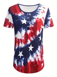 Summer Women's Casual Tie-Dye American Flag Star Print Round Neck Short Sleeve Button-Up Shirt Suitable For American Independence Day Large Size T-Shirt Slim Fit