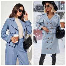 2PCS Gabardina larga de mujer con chaqueta de traje de dos piezas - Azul - Ver 1