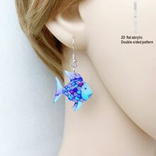 Par de pendientes de 2D planos con decoración de pez azul y flor de colores para mujeres, pendientes creativos de peces de colores acrílicos