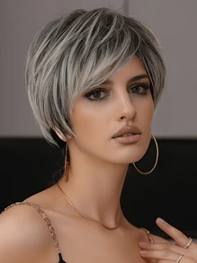 1pc Women Short Layered Pixie Wig With Bangs, Mixed Gray&White Highlight Synthetic Hair Wig, 10 Inch Mixed Light Brown Highlight Wig, Suitable For Daily Wear & Party