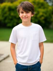 Młodzieżowa/dziecięca klasyczna prosta biała koszulka z krótkim rękawem i kieszeniami, odpowiednia na co dzień i na święta - Biały - Zobacz 3