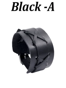 Yanxyad Black Punk Rock Style Three Layered Bracelet Wide PU Leather Wristband Bracelet For Men Women, Punk Leather Cuff Bracelet, Vintage Braided Leather Wristband Women Men Bracelet Sets