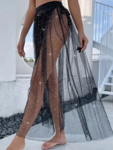 1 件女士闪亮沙滩长裙，性感黑色网眼覆盖裙，适合秋季女士服装 - A - 查看 1