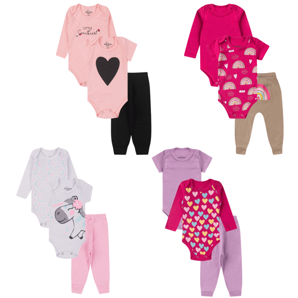 Kit 12 Peças (4 Kits com 3 Peças) Body Bebe Menino e Menina 100% Algodão