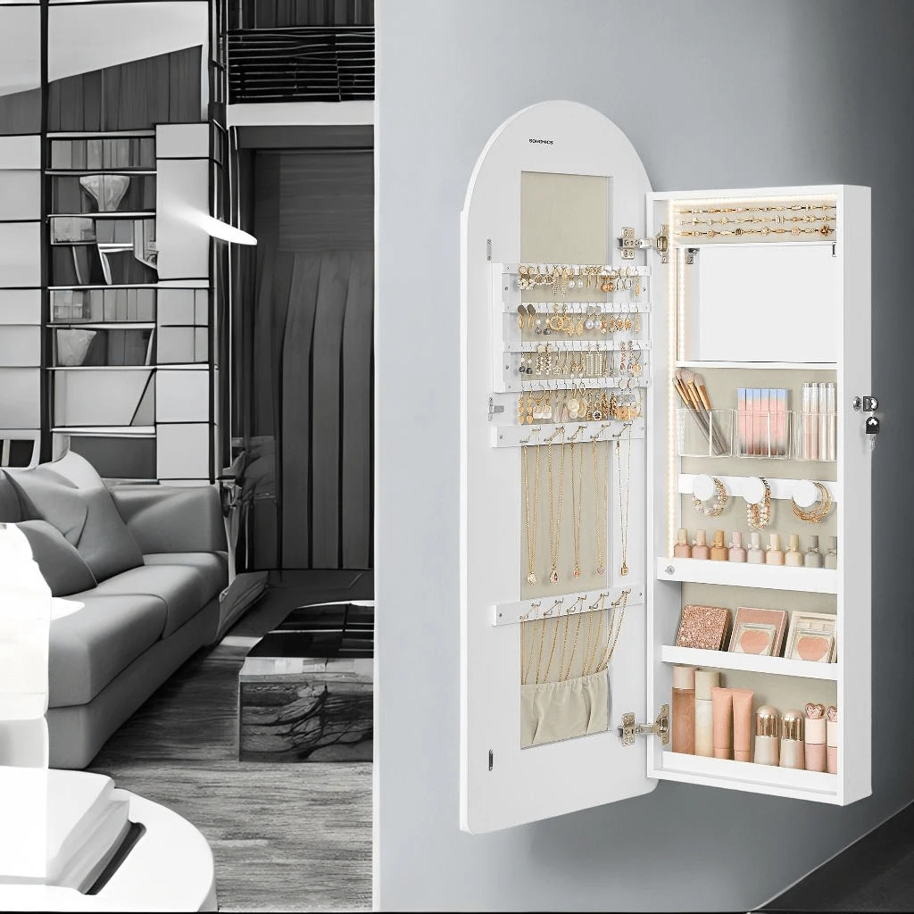 SONGMICS LED Jewelry Cabinet, Wall/Door Mounted Wide Organizer With Arched Mirror, Lockable, Interior Mirror - 3.9 X 16.5 X 42.5 Inches - 白色 - 查看 1