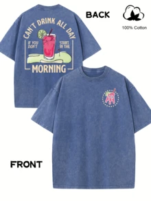 Men's Retro Y2K Style "Can't Drink All Day" Double-Sided Printed Cotton T-Shirt-Black, Loose Version, Short Sleeves, Round Neck, 100% Cotton, Casual Season Shirt, Machine Washable. - 寶藍色 - 查看 1