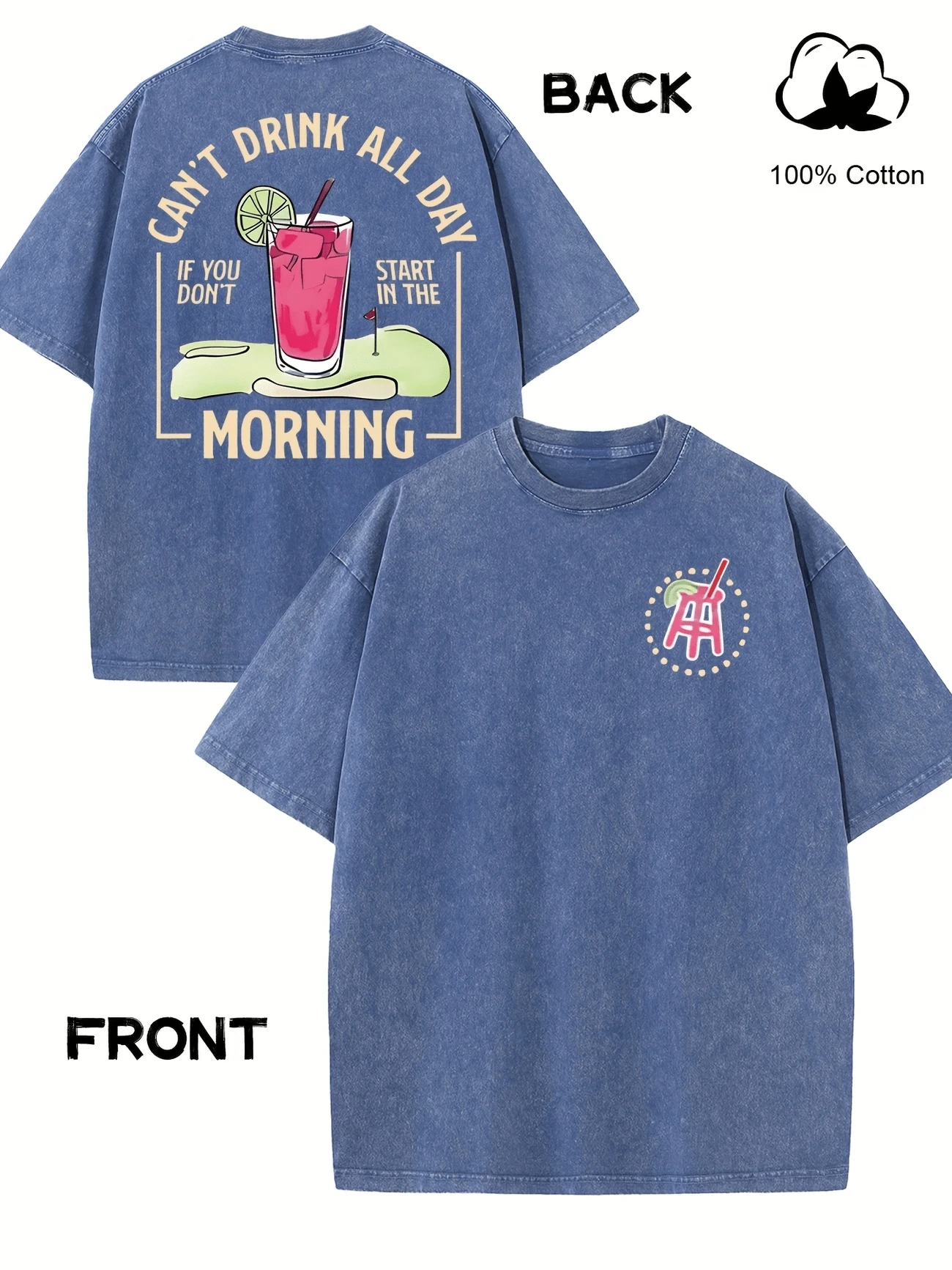 Men's Retro Y2K Style "Can't Drink All Day" Double-Sided Printed Cotton T-Shirt-Black, Loose Version, Short Sleeves, Round Neck, 100% Cotton, Casual Season Shirt, Machine Washable. - 寶藍色 - 查看 1