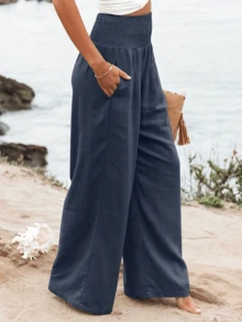 Solid Color Elegant Versatile Pleated Wide Leg High-Waisted Pants For Women - Navy Blue - View 2