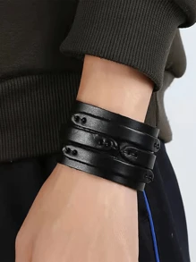 Yanxyad Black Punk Rock Style Three Layered Bracelet Wide PU Leather Wristband Bracelet For Men Women, Punk Leather Cuff Bracelet, Vintage Braided Leather Wristband Women Men Bracelet Sets