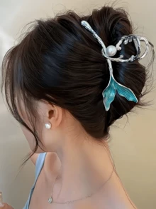 1 件女士蓝色鱼尾金属大爪夹高级仿珍珠发爪美人鱼公主优雅后脑勺发夹大爪夹女士发饰