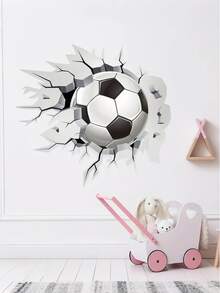 1pc 3D Football Breaking Through Wall Sticker, Made Of Waterproof PVC Material, Easy To Apply And Remove, Suitable For Decoration In Bedroom, Living Room, Study, Porch, Kindergarten And Other Spaces - Multicolor - View 3