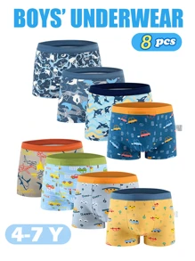8 Pcs Kids Boxer Briefs Shark And Car Pattern Soft Micro Fiber Kids Underwear For Boy 4-7Y