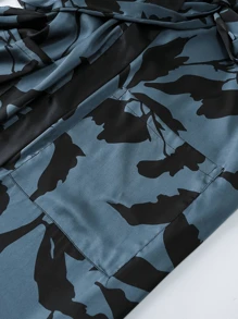 New Men's Fashion Casual Loungewear Robe, Short Sleeve Leaf Print, Minimalist Style, Woven Fabric With Tie