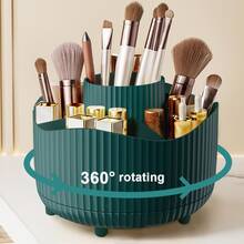 Organizador de Maquiagem Giratório 360° com Design de Listras de Luxo - Armazenamento Cosmético de Plástico Redondo com 5 Compartimentos, Montagem Embutida, Acabamento Polido, Porta-Objetos Multifuncional para Pincéis e Artigos de Papelaria