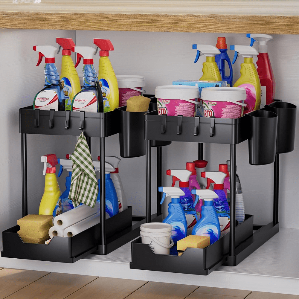 2Pcs Under Sink Organizers Storage Kitchen Cabinet Rack 2 Tier Pull Out Drawer