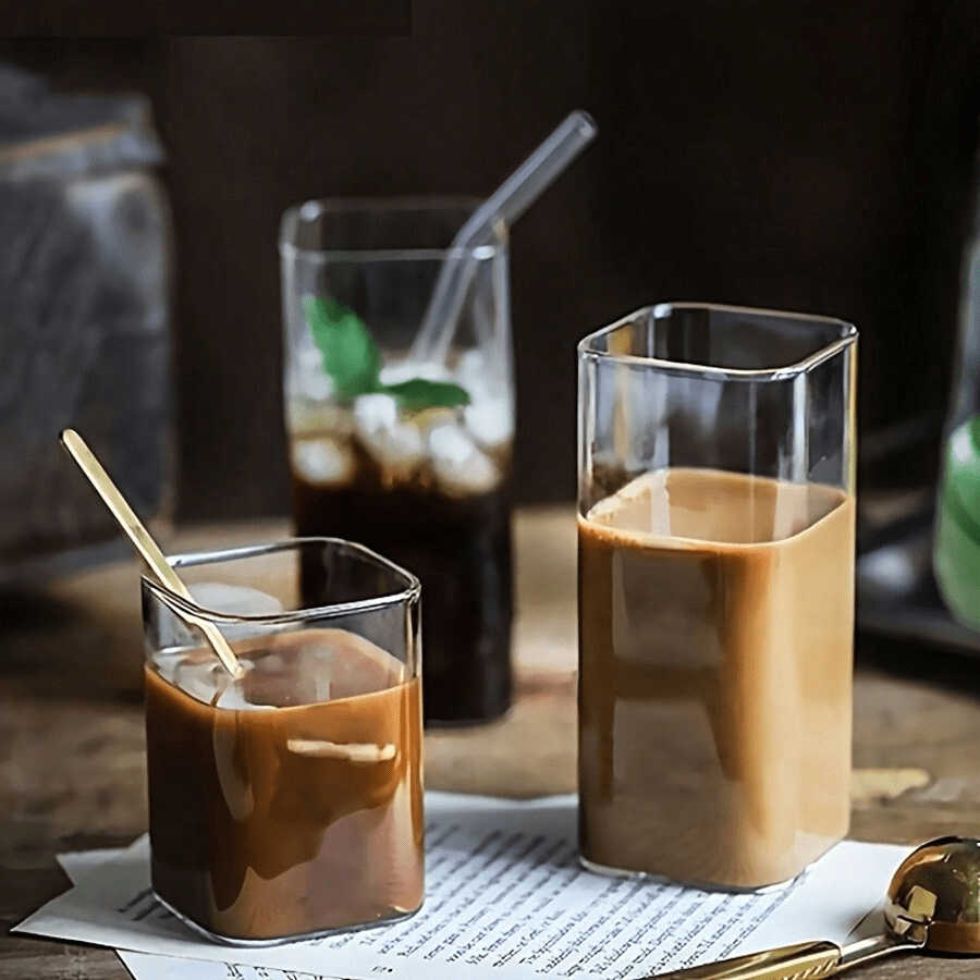1/4 件高硼硅玻璃杯，耐热透明多用途茶杯，硼硅玻璃简约方形奶茶冷饮杯、咖啡杯、啤酒杯、威士忌杯、牛奶杯、果汁杯 - 方形透明玻璃器皿