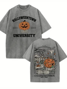 GLEC Pumpkin Lantern Haunted House, A Combination Of Retro And Street Style, Versatile In All Seasons, Classic Retro Fashion Casual Halloween Pumpkin Architecture Popular Letter Pattern Printing Boutique 230g Washed Cotton T-Shirt, Men's High-Quality Printed Cotton Retro Fashion Brand Loose, Soft And Comfortable Casual Gray T-Shirt, Versatile In All Seasons, Especially Suitable For Summer Outdoor Wear, With A Certain Thickness, Daily Wear And Friend Gifts, Back To School Gifts. - 灰色 - 查看 1