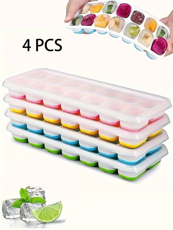 1/4pcs Random Color Silicone Ice Cube Tray With Lid, 14-Cavity Easy Release Mold For Homemade Yellow, Pink, Blue And Green Ice Cubes, Soft Bottom For Quick Release, Perfect For Cocktails And Drinks In Summer, Flexible Silicone Ice Cube Trays