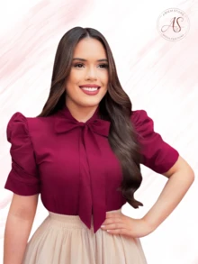 Women's Casual Blouse Short Sleeve Plain And Polka Dot Social Elegant Stylish Evangelical Fashion - 酒紅色 - 查看 4