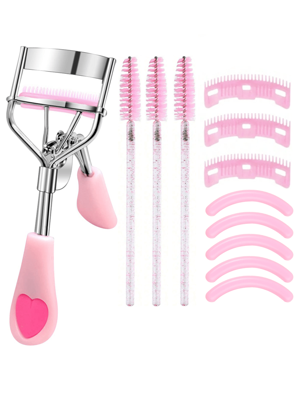 12 Stücke Wimpernzangen Set, 1 Wimpernzange mit 3 Ersatzbürsten, 3 Wimpernkämme, 5 Ersatzpolster für Frauen, um dramatische Locken zu erzielen (Pink)