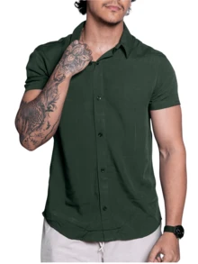 Linen Shirt Short Sleeve Formal Summer Fresh Italian Collar Elegant In Visco-Linen - màu xanh lá - Xem 1