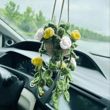 1 pieza Planta de crochet linda para espejo retrovisor de carro/decoración de habitación, accesorio colgante hecho a mano para espejo de carro estilo bohemio, adecuado para mujeres y niñas, decoración estética interior verde del carro, adorno colgante para camión para hombres