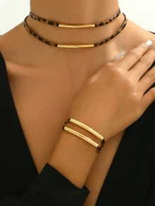 2pcs Autumn/Winter Leopard Print Metal Geometric Line Necklace Bracelet Set, European And American Style