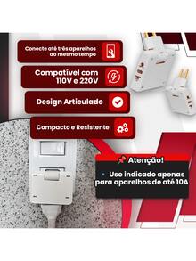 Kit 5 Adaptador Articulado Deslocado benjamin 10A Resistente Bivolt universal resistente T para casa - Branco - Visão 5