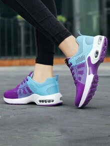 Zapatos Caminar para Mujer Cómodos ,  zapatos medio deslizables de lona azul,1 par deportivo transpirable Mujer atlético ,Suela Blanda y Transpirable, con Malla de Punto,Zapatoszapatillas deportivas planas y versátiles de moda,Zapatillas deportivas de moda de color combinado,Zapatillas deportivas con cordones de otoño para mujeres,zapatos medio deslizables de lona azul, - Morado - Ver 2