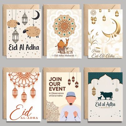 6 张开斋节贺卡伊斯兰贺卡伊斯兰礼品可打印卡片一套 6 种设计月光花宫灯笼卡 3.9x5.9 英寸带信封