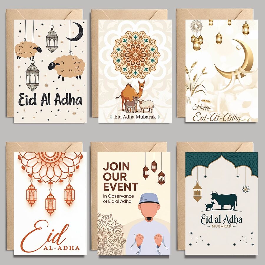 6 张开斋节贺卡伊斯兰贺卡伊斯兰礼品可打印卡片一套 6 种设计月光花宫灯笼卡 3.9x5.9 英寸带信封 - 彩色 - 查看 1