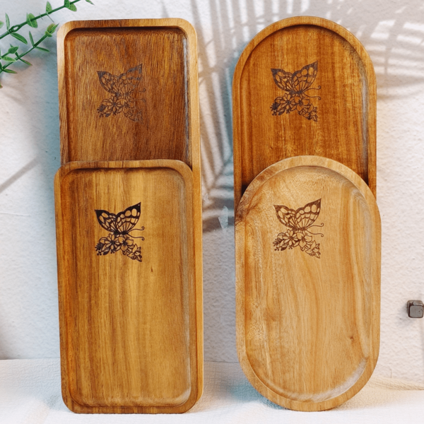 1pc Rosewood Serving Tray, Tray, Dip Plate, Laser Pattern Wood Tray, For Home Kitchen, Restaurant, Sushi Bar, Tableware Accessories, Kitchen Supplies, Suitable For Serving Fruits, Desserts, Coffee, Milk, Snacks, Cakes, Cheese, Tea, Bread And More