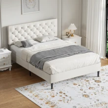 Twin/ Full/ Queen/ King Bed Frame, Upholstered Platform Bed Frame With Headboard, Solid Wood Slats, No Box Spring Needed, Noise-Free, Easy Assembly, White/ Grey/ Dark Grey/ Pink/ Blue - trắng - Xem 1