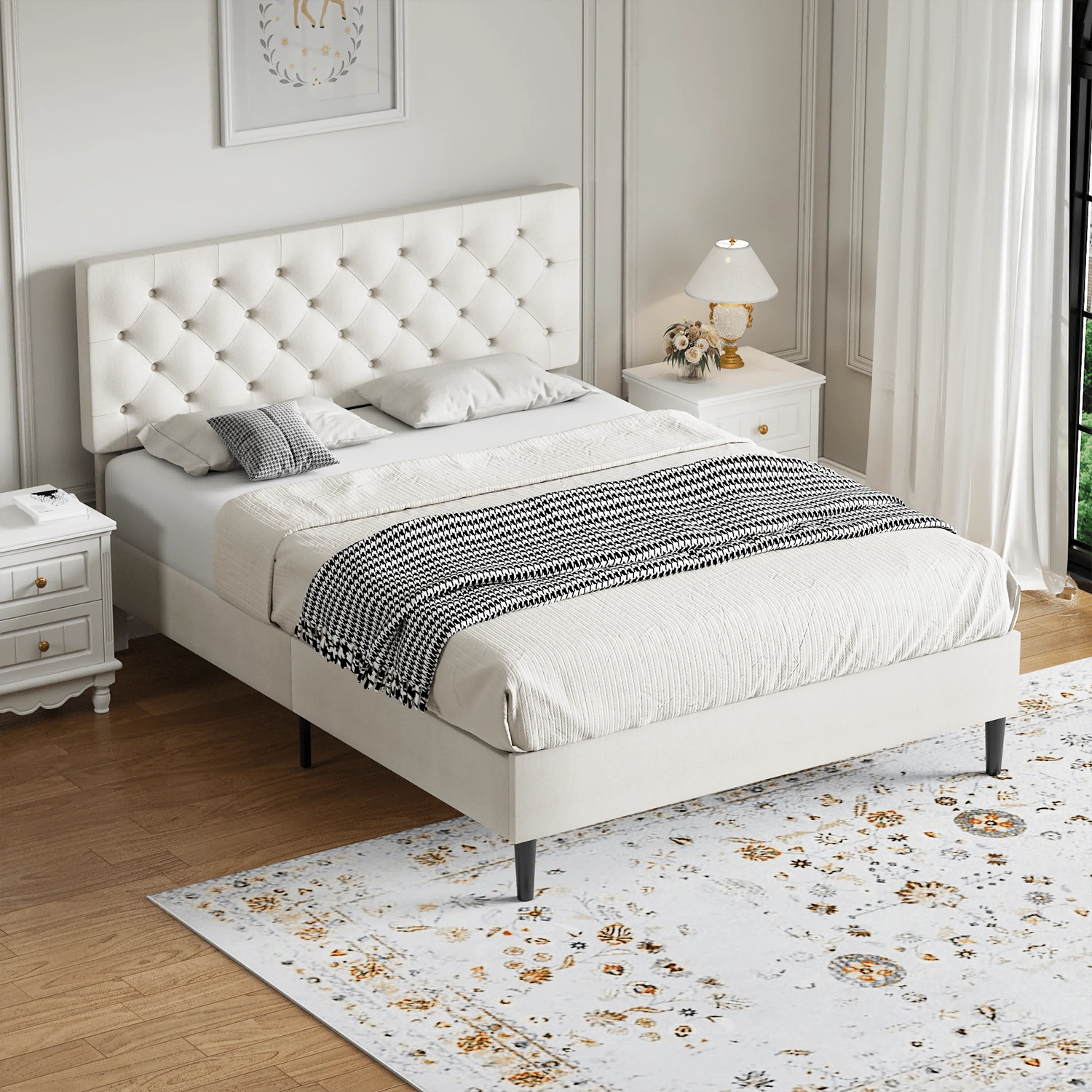 Twin/ Full/ Queen/ King Bed Frame, Upholstered Platform Bed Frame With Headboard, Solid Wood Slats, No Box Spring Needed, Noise-Free, Easy Assembly, White/ Grey/ Dark Grey/ Pink/ Blue - trắng - Xem 1