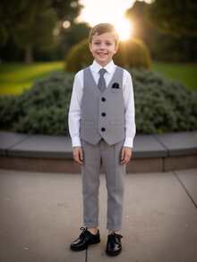 Bộ đồ mới cho bé trai dành cho những dịp trang trọng, bao gồm áo vest, quần và cà vạt, dành cho biểu diễn piano, đám cưới, lễ nghi và chương trình sân khấu - Xám - Xem 5