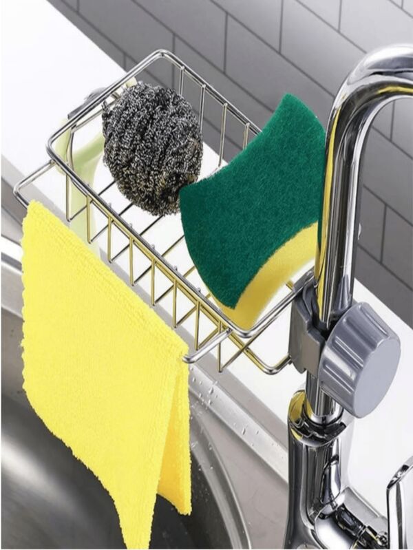1 pieza Organizador de fregadero de acero inoxidable con esponja y rejilla de drenaje, estante para guardar utensilios de cocina, toallero, organizador de almacenamiento para cocina, baño, sala de estar, decoración del hogar, adecuado para cocina, restaurante, fiesta, camping, al aire libre, reunión, regalo para amigos y familia