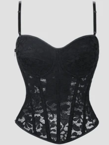 Áo corset ren hoa đen gợi cảm, dây đeo điều chỉnh được, khóa kéo bên hông, gọng corset định hình eo, phong cách Gothic cho tiệc tùng và hẹn hò. - màu đen - Xem 2