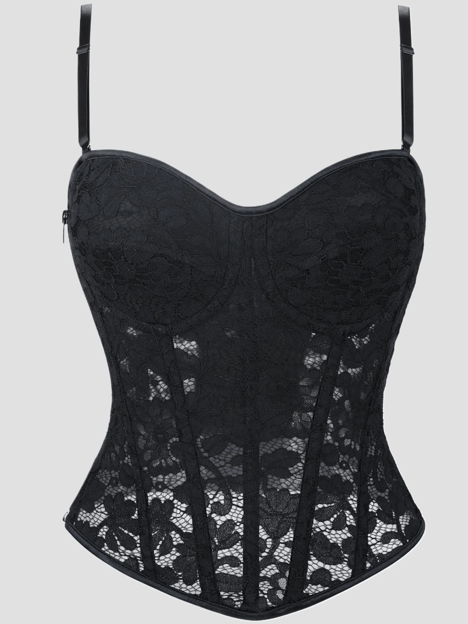 Áo corset ren hoa đen gợi cảm, dây đeo điều chỉnh được, khóa kéo bên hông, gọng corset định hình eo, phong cách Gothic cho tiệc tùng và hẹn hò.