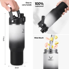 UKEIN 40 Oz Stainless Steel Tumbler With Handle And Straw, Vacuum Insulated Water Bottle With 2-In-1 Lid (Chug/Straw) And Silicone Boot - Xám đen - Xem 5