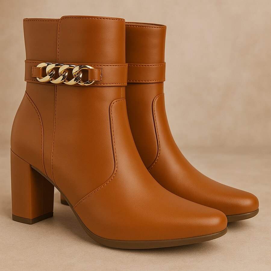 Women's Pointed Toe Boots Fashion Comfortable Heel Chain Decoration Shiny Original Olzzy Moda - Camel - View 1